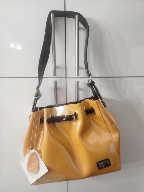 Handbags - Beijo Marigold Yellow Patent Leather Shoulder Bag with Black Strap New!